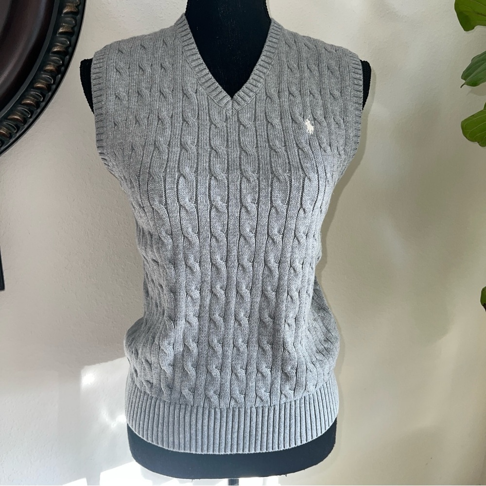 POLO Ralph Lauren Unisex Dark Gray V-Neck 100% Cotton Cable Knit Sweater Vest